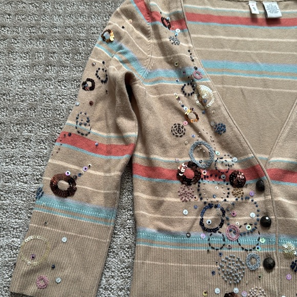 Moth Beaded Striped Cardigan Tan Button Front XS - Picture 4 of 7